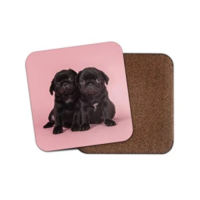 Image of 1 x Cute Pug Puppy Twins Coaster Black Dog Puppies Pet Pink Girls Fun #15257