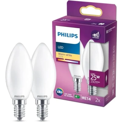 Image of Philips LED Premium Classic B35 Frosted Light Bulb 2 Pack [E14 Small Edison Screw] 25W, Warm White 2700K, Non Dimmable