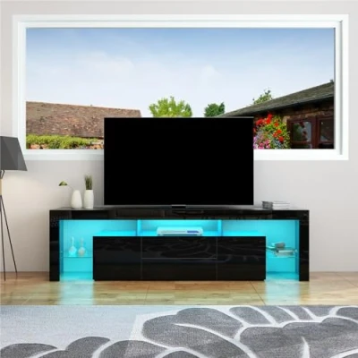 Image of 200cm LED TV Cabinet, Modern High Gloss Stand Storage Unit with 2 Doors Drawers &amp; Glass Shelves, Sideboard for Living Room Bedroom Furniture, Black