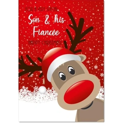 Image of doodlecards Son and Fiancee Christmas Card Rudolph in Snow Medium Size for &amp; with Plain Envelope