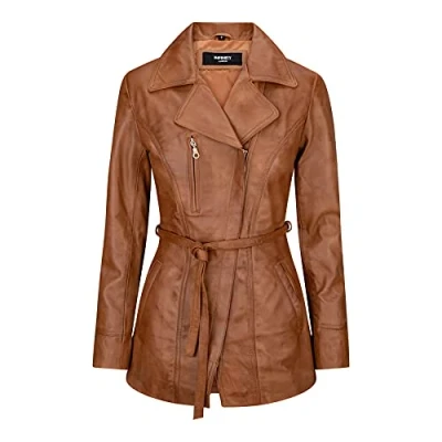 Image of Ladies Real Leather Mid Length Retro tan Jacket 5XL
