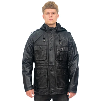 Image of Men&#039;s Black Hooded Leather Multi Pocket Duffle Trench Coat with Drawstring XS