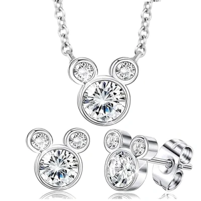 Image of Baobei Kaguyo jewellery Sets for women Sterling Silver Clear Zirconia Mickey Mouse Pendant Necklace with Red Enamel Bow Minnie stud Earrings and Girls Birthday Gift (clear)