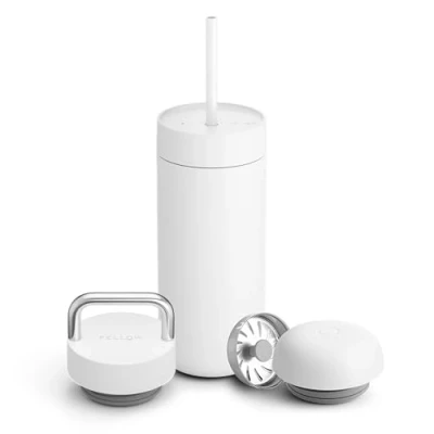 Image of Fellow 16 oz Carter Bundle (3 in 1) Travel Mug with Carry Handle, Move &amp; Cold Lids Straw to Go Coffee Tumbler, Ceramic Interior Vacuum Insulated Stainless Steel Cups Matte White