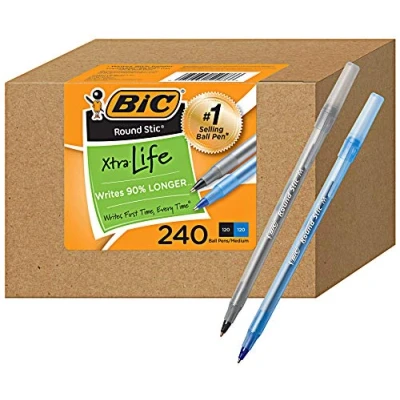 Image of Bic pens large bulk pack of 240 ink pens, Round Stic Xtra Life Ballpoint Medium point 1.0 mm, 120 black &amp; Blue in Box combo