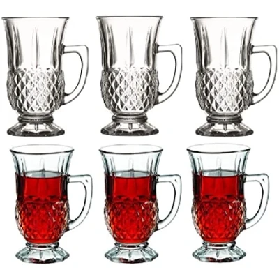 Image of Set of 6 Designer Durable Glass Crystal Clear Cut Tea Coffee Cup Mugs Glasses Footed Cups