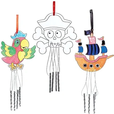 Image of Baker Ross FC898 Pirate Suncatcher Windchimes Pack of 4, Painting Craft Kit for Kids, Stained Glass Window Crafts