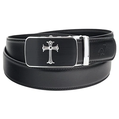 Image of QHA Mens Jesus Cross Automatic Buckle Ratchet Leather Belt Q39 Silver Black 30 36&quot;