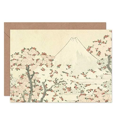 Image of Artery8 Hokusai Fuji And Cherry Blossom Japanese Painting Fine Art Greeting Card Plus Envelope Blank Inside