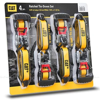 Image of CAT Heavy Duty Ratchet Tie Down Straps Caterpillar 4 Piece Set Pack 1.5&quot;x16ft