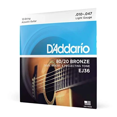Image of D&#039;Addario Guitar Strings Acoustic 80/20 Bronze For 12 String Deep, Bright, Projecting Tone EJ36 Light, String, 10 47