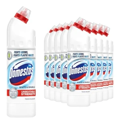 Image of Domestos Thick Bleach White and Sparkle Multi Purpose Disinfectant Anti Bacterial Surface Cleaner Gel Limescale Remover for Toilet, Bathroom Kitchen, 750ml (Buy 10)