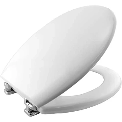 Image of BEMIS New York Ultra Fix White Toilet Seat. Wooden Seat with Water Based Paint for Easy Clean. Non Slip Chrome Hinges, Universal &amp; Installation,