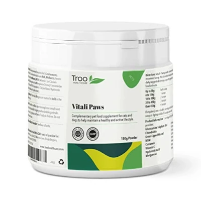 Image of Vitali Paws Pet Joint Support Supplement Powder for Cats and Dogs 150g Chicken Flavour Glucosamine Green Lipped Mussel Chondroitin MSM Turmeric Curcumin UK Manufactured