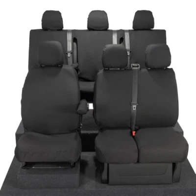 Image of UK Custom Covers To Fit Vauxhall Vivaro Double Cab (2014 2019) Tailored Front &amp; Rear Seat (Split Base NO Folding Middle) Black INCLUDES EMBROIDERY SC188B SC189B EM