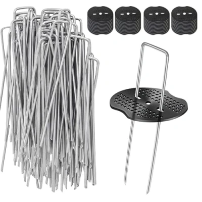 Image of Weed Membrane Pegs, 50 Pack Metal 6&quot;/150mm Control Pegs+50 Buffer Washer Heavy Duty Ground Pegs Fabric Garden Staples Artificial Grass Pins for
