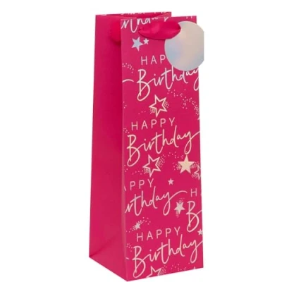 Image of Glick Large Bottle Gift Bag, Happy Birthday Script, 125 x 360 120 mm, Luxury Recyclable Bag for Birthdays, Pink