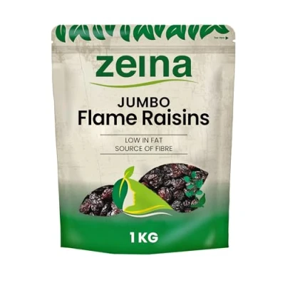 Image of Zeina Jumbo Flame Raisins with Resealable Zip for Snacking and Home Baking (1Kg) Source of Fibre, Low Fat Perfect as Snack Packs Kids, a Healthy Vegan Diet