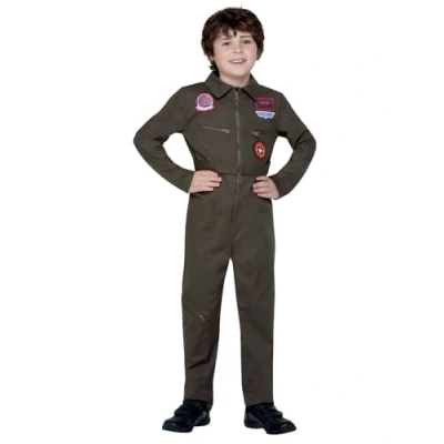 Image of Smiffys Top Gun Costume, Kids Khaki Jumpsuit, Official License Outfit with Badge Details, Working Zip Up Front &amp; Applique Badges, Halloween Fancy Dress