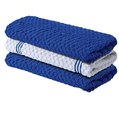 Image of Infinitee Xclusives Premium Kitchen Towels Pack of 3, 100% Cotton 15 x 25 Inches Absorbent Dish 425 GSM Tea Towel, Terry Dishcloth Blue Cloth for Household Cleaning
