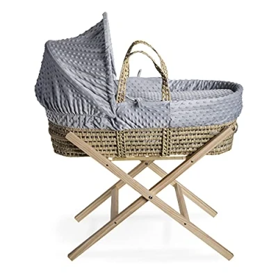 Image of Clair de Lune Dimple Palm Moses Basket With Natural Folding Stand Grey 75 x 28 cm