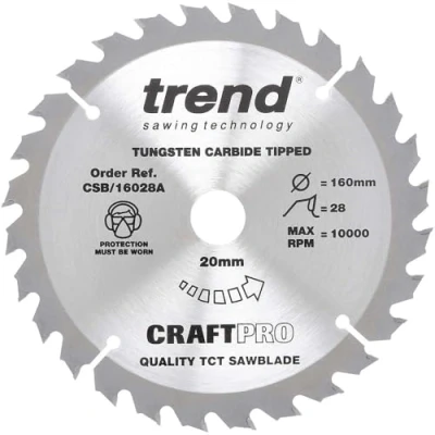 Image of Trend Wood Circular Saw Blade, 160mm Diameter, 20mm Bore, 28 Teeth, TCT, 2.2mm Kerf, +15 Hook, CSB/16028A