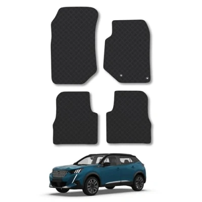 Image of Rubber Car Mats Compatible with Peugeot 2008 (2020 ) Tailored Fit Floor Set Accessory Black Custom 4 Pieces Clips Anti Slip Backing, Heavy Duty &amp; Waterproof