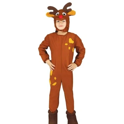 Image of GUIRMA Reindeer Fancy Dress Costume Children (10 12 Years) Hood and Jumpsuit Christmas New Year Costumes for Parties Celebrations Ideal Boys Girls Brown