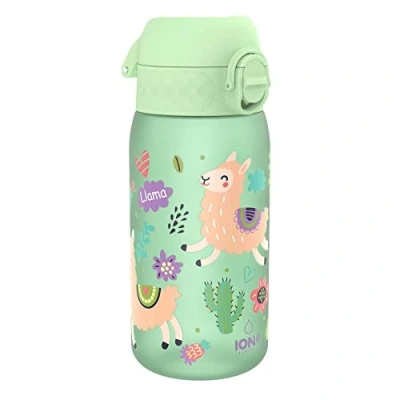Image of ion8 Kids water bottle, 350 ml, leak proof, one handed opening, secure lock, dishwasher safe, BPA free, handle, hinged lid, easy to clean, climate neutral, llamas design