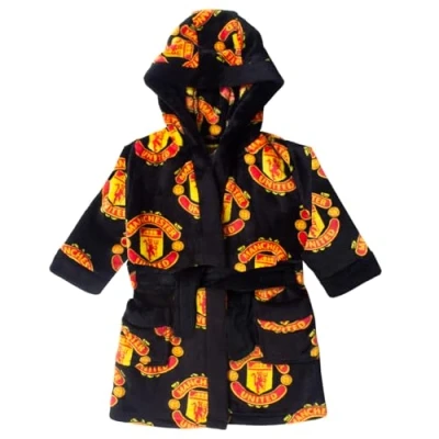 Image of Manchester United FC Official Baby Hooded Fleece Dressing Gown Black 6 12 Months