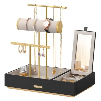 Image of SONGMICS Jewellery Stand, Metal Earring Organiser, Display Stand with Mirror, Bracelet Holder, Necklace for Rings, Gift Idea, Black and Gold JJS022B01