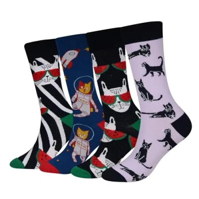 Image of Cansok Men&#039;s Animal Funky Novelty Dress Crew Socks (Watermelon Cat 4 pairs)