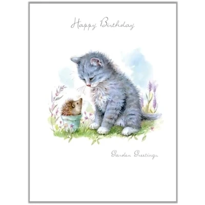 Image of Noel Tatt Female Birthday Card Happy with Kitten and Hedgehog Design Embossed Foil Details for Women/Girls