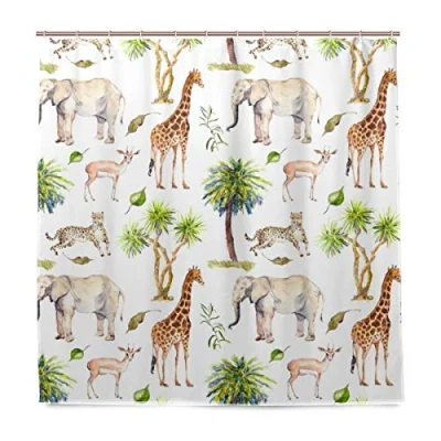 Image of BALII Watercolor Elephant Giraffes Shower Curtain 72x72 Inch Polyester Waterproof With 12 Hooks for Bathroom