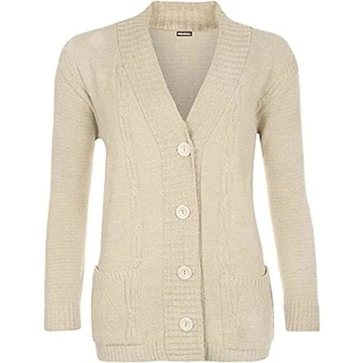 Image of High Street Fashion ® New Womens Ladies Matching Button Long Sleeve Pocket Top Knitted Cardigan Ideal for Casual and Formal wear Size UK 14 16 18 20 22 24 26 28 (14 16, Stone, Numeric_14)