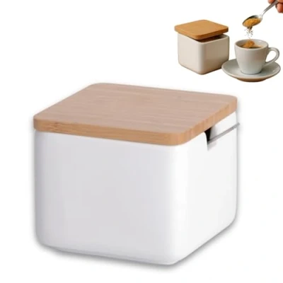 Image of KOOK TIME Original Square Ceramic Sugar Bowl with Bamboo Wood Lid and Stainless Steel Spoon Ideal Use as Salt Shakers Measurements: 10 x 9 cm White