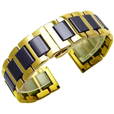 Image of Kai Tian 16mm Two Tone Gold Watch Band for Women Black Ceramic Wrist Strap Stainless Steel Bracelet Deployment Clasp