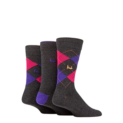 Image of Mens 3 Pair Pringle Bamboo Cotton Blend Argyle Socks Charcoal / Pink Purple 7 11