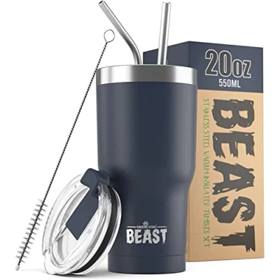 Image of Beast Tumbler 550 ml (20 oz), Navy Blue Reusable Stainless Steel, Vacuum Insulated Cup with + 2 Straws &amp; Cleaning Brush Double Wall Travel Flask Perfect for Hot or Iced Coffee BPA Free