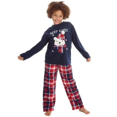 Image of Metzuyan WS AW23 Kids Girls Teenage Junior Christmas Themed Microfleece Warm Long Sleeve Pyjama Set Nightwear Lounge Navy Teddy Bear 13 Years
