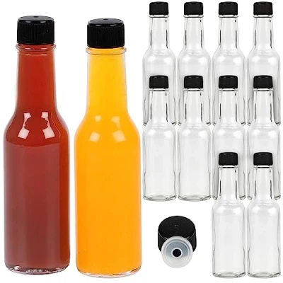 Image of BELLE VOUS 12 Pack Clear Glass Hot Sauce Bottles 150ml / 5oz Condiment with Dripper Inserts and Airtight Screw Caps for Sauces, Oil, Liquor, Vinegar, Salad Dressings, More