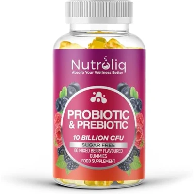 Image of Nutroliq Prebiotic &amp; Probiotic Sugar Free Gummies Gut Health Supplements for Women, Men, Kids to Support Digestive System, Immune System Booster 10 Billion CFU Per Serving, Vegan 60