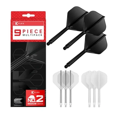 Image of TARGET Darts K Flex Integrated Dart Flights and Shafts, Medium Stem (33mm), No.2 Flight, 9 pack Bundle, Black, White &amp; Clear
