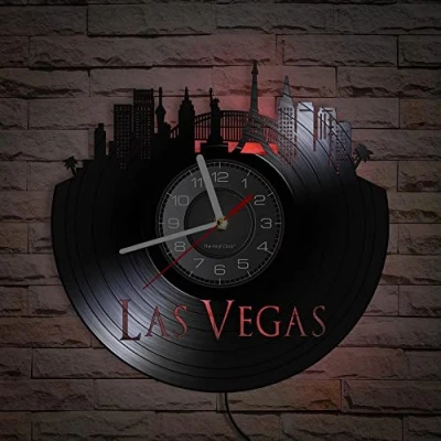 Image of Smotly Vinyl wall Clock, LED Night Light Function, Las Vegas City View is a clock gift for home decor. (seven colors)