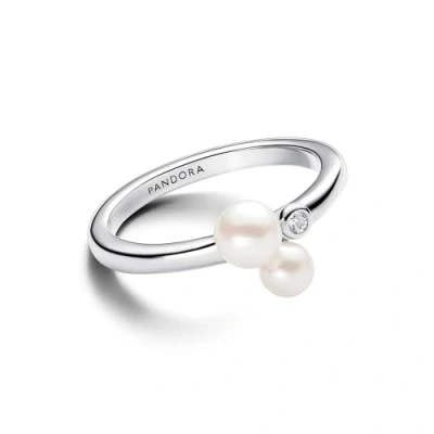 Image of Pandora Timeless Sterling silver ring with white treated freshwater cultured pearl and clear cubic zirconia, 52