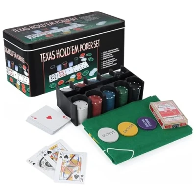 Image of EVOKK 200 Piece Poker Set with Texas Hold&#039;em and Blackjack Games: Includes Chips, Mat, Tin Box, Casino Gambling Cards