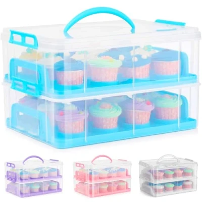 Image of SG Traders Cupcake Carrier with Handle, 2 Tier Box Bake Cake Holder, 24 Muffin Cases Stackable Caddy, Baking Boxes Cases, Plastic Storage Adjustable Compartments