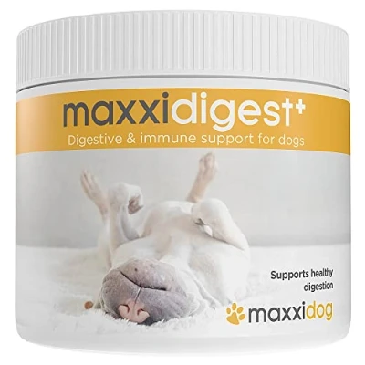 Image of maxxidog maxxidigest+ probiotics, prebiotics &amp; digestion enzymes formula for dogs Advanced canine digestive and immune system support Non GMO powder Two sizes 200 375 g (200 g)