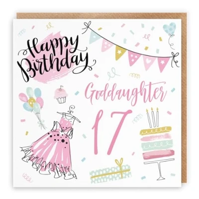 Image of Hunts England Goddaughter 17th Birthday Card Happy 17 Party Collection Fun, Pink Dress, Cake Pretty