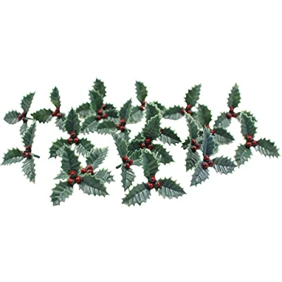 Image of Christmas holly leaf Cake Topper Decoration Decorating 12 20 50 Pcs Small Plastic With 3 Berries Yule Log Cupcake (pack of 20)